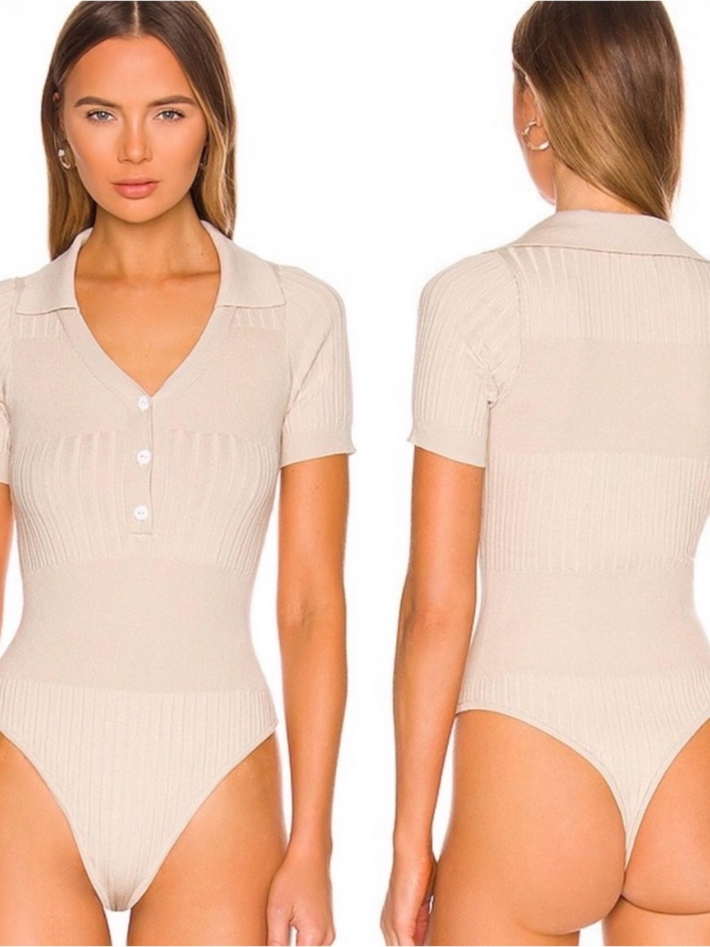 Ribbed Polo Short‑Sleeve Bodysuit in Cream